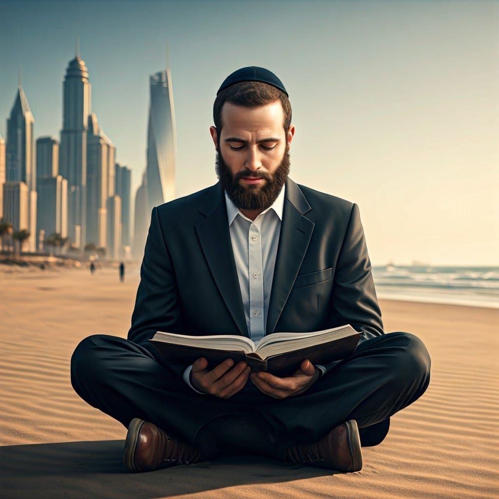 Orthodox Man Studies Torah on Beach, Fantasy Art