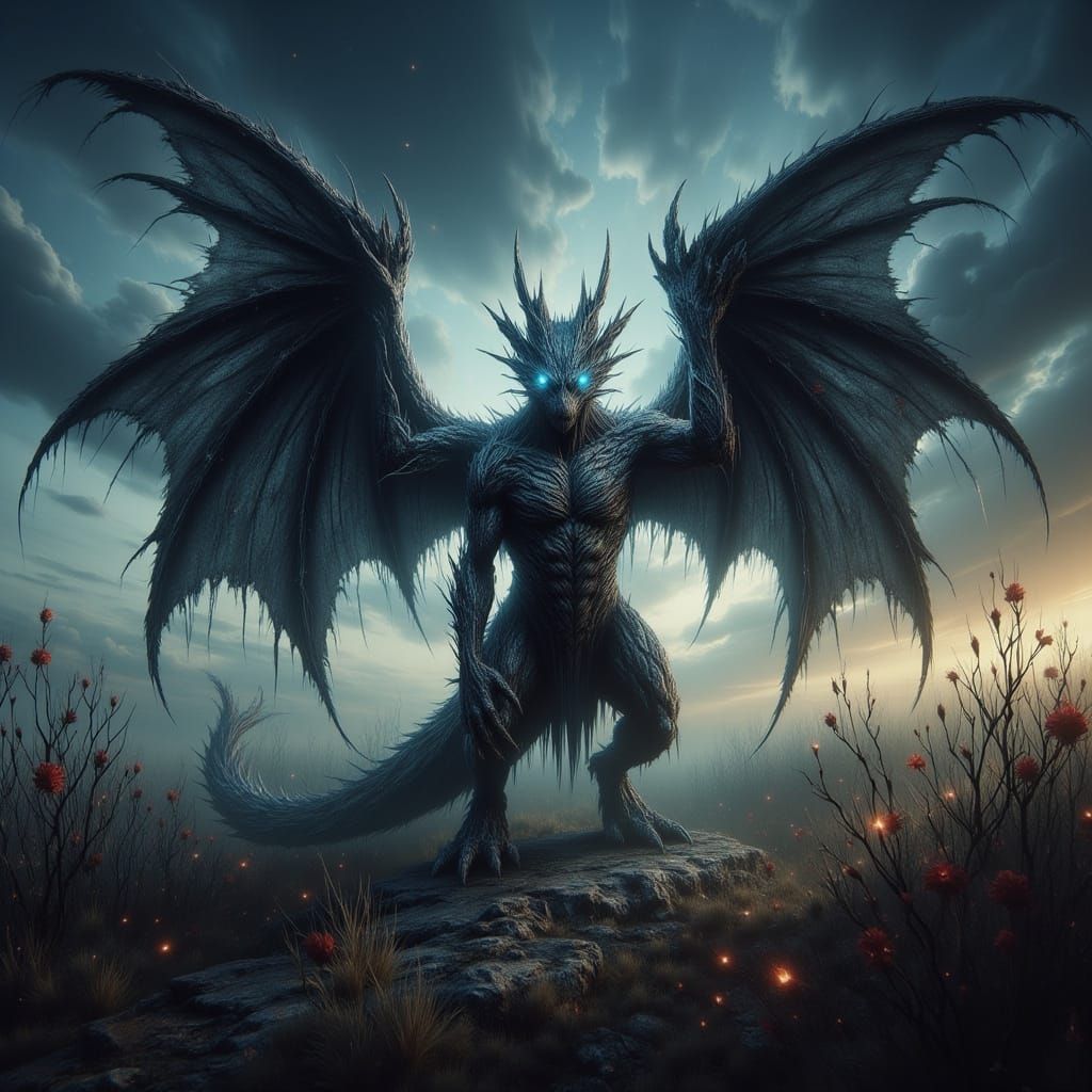 Terrifying Dragon in Field, Ominous Style