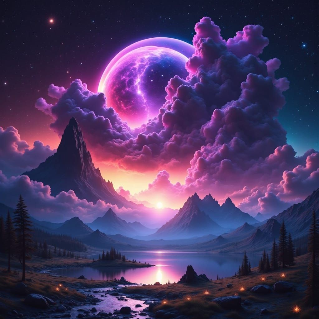 Celestial Storm Over Alien Planet in Sci-Fi Style