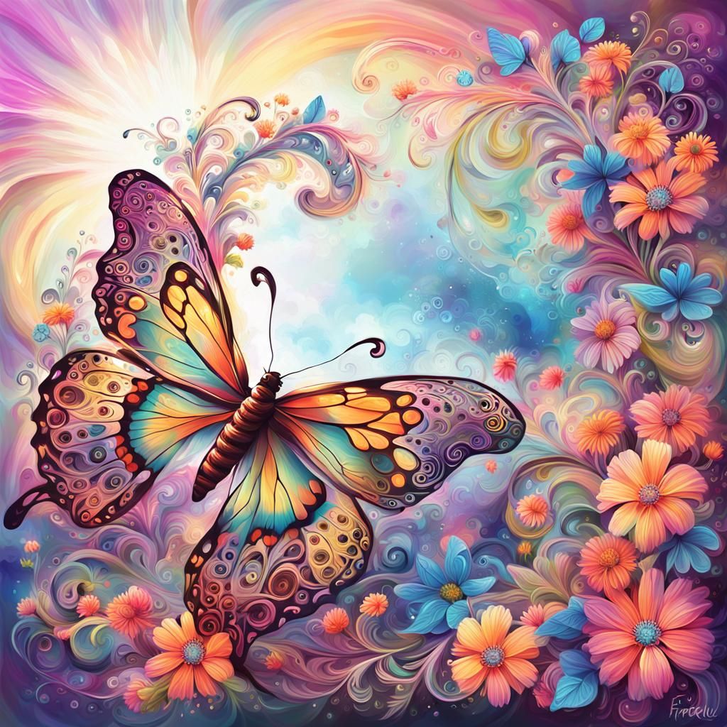 Ethereal Butterfly with Boho Flowers in Oil Painting Style