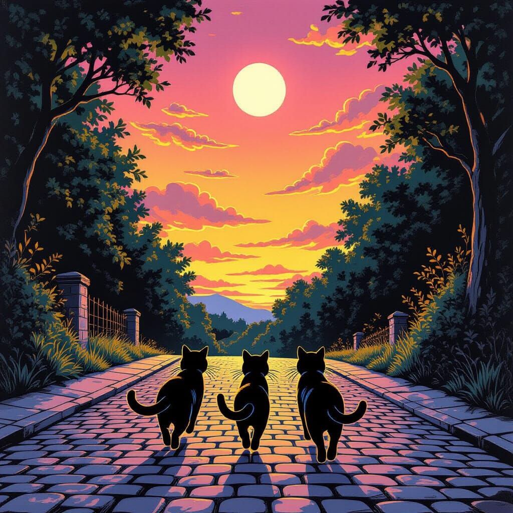 Three Black Cats Run Under Sunset Sky