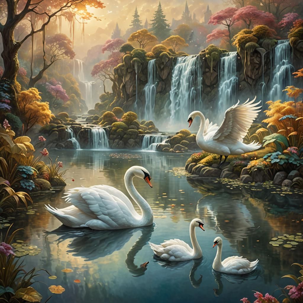 Swans in Lake: Surrealist Fantasy Digital Art