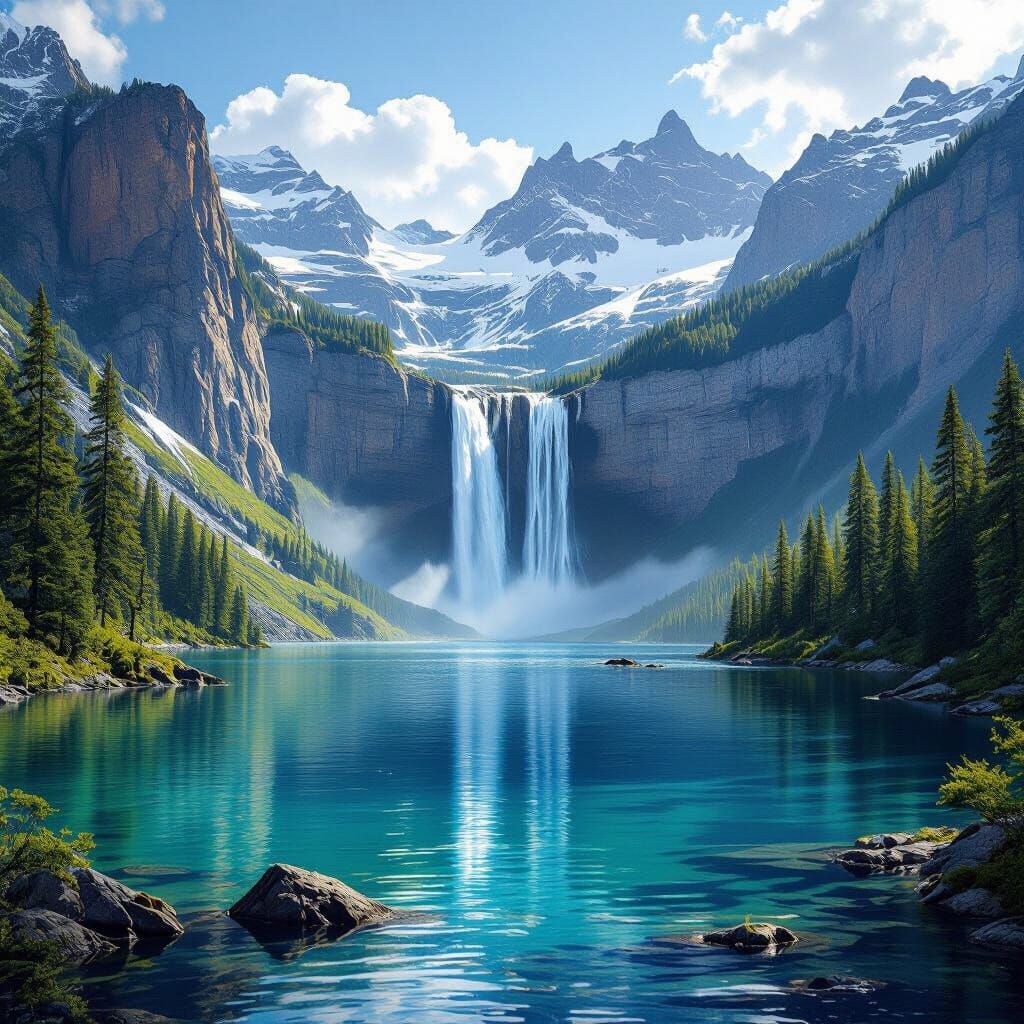 Majestic Waterfall Scene with Impressionist Touches