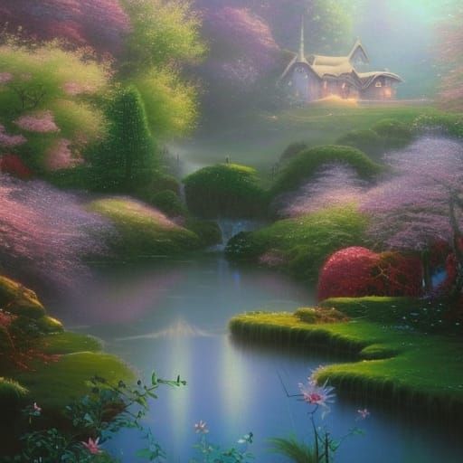 Magical ethereal Garden greenhouse with Cherry blossom trees& a beautiful lake in the background& Beautiful flowers ever...