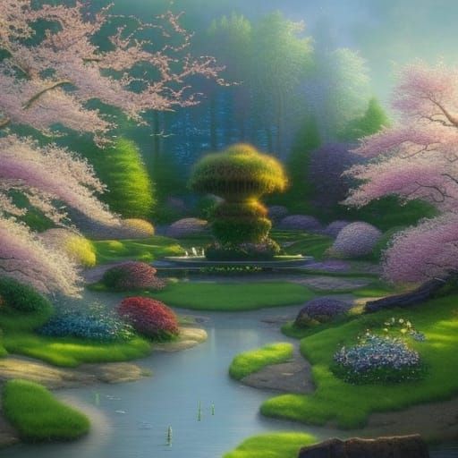 Magical ethereal Garden greenhouse with Cherry blossom trees& a beautiful lake in the background& Beautiful flowers ever...