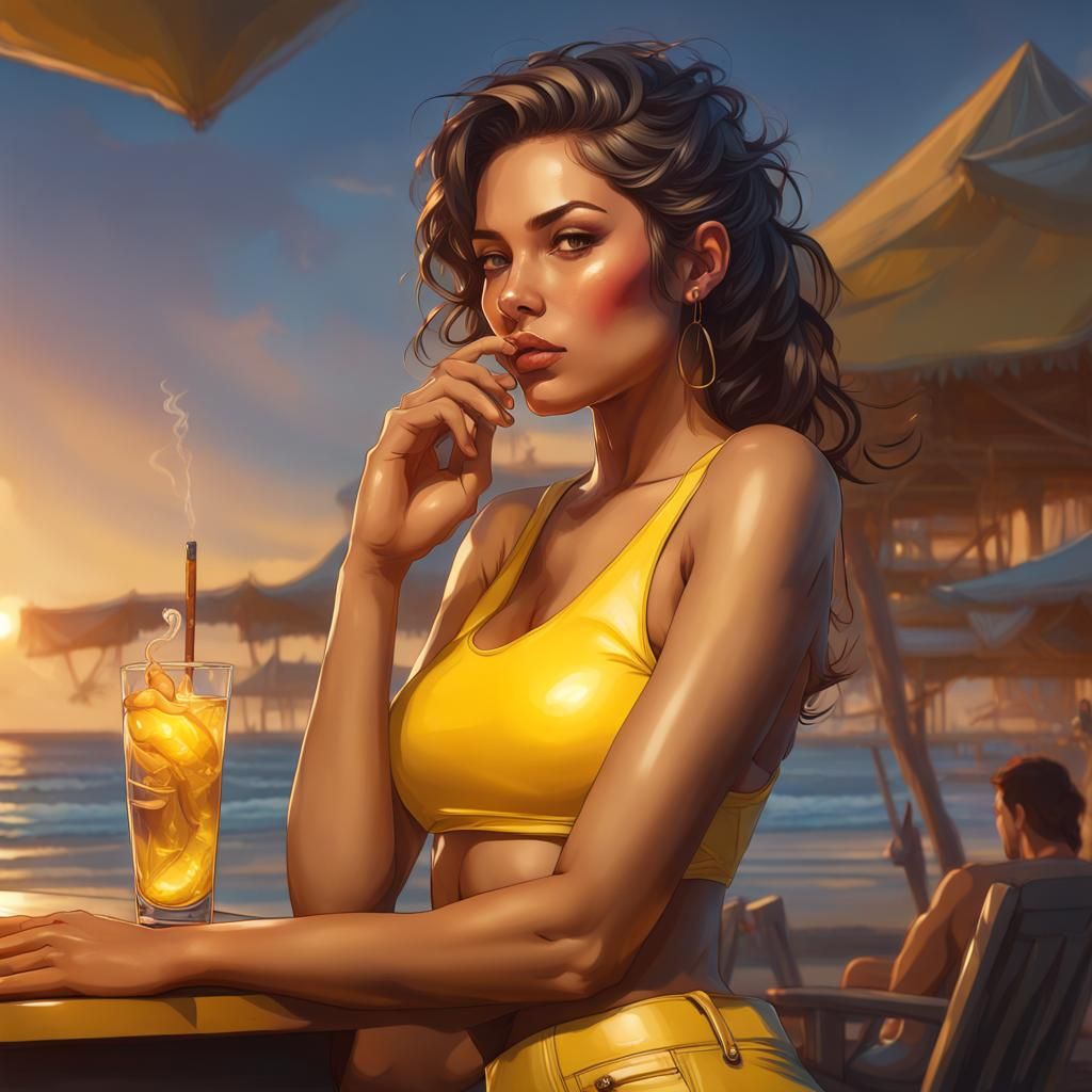 Latin Woman Watching Beach Sunset in Artgerm Style