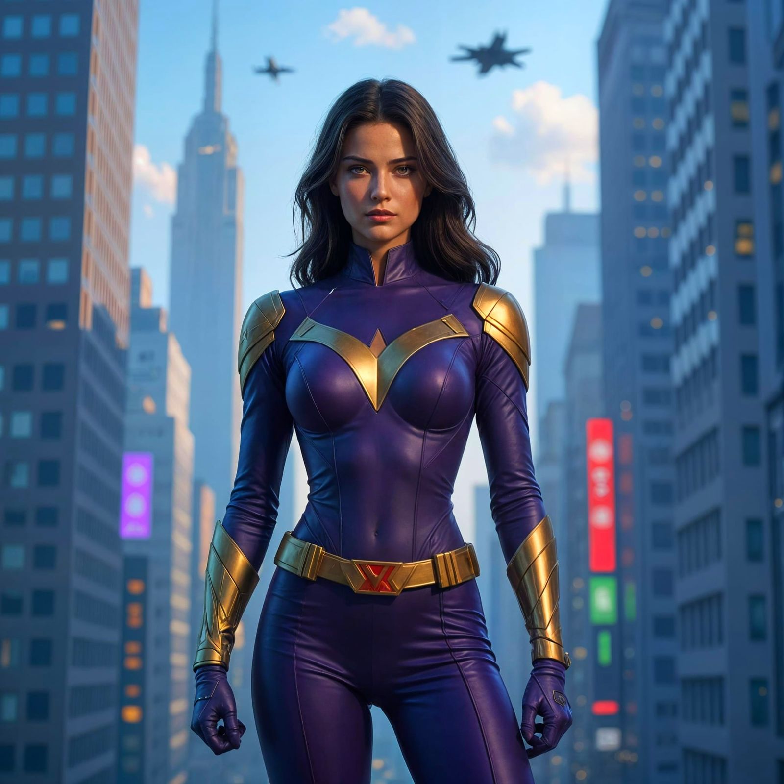 Superheroine in Futuristic Cityscape, Photorealistic Portrai...