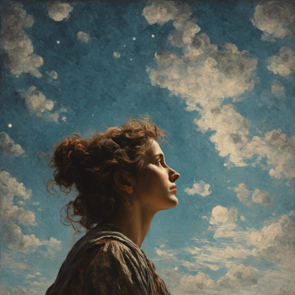 Woman Gazing Skyward in Clair-Obscur Palekh Style