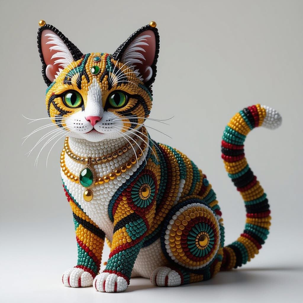 Detailed Beaded Cat Figurine Sculpture