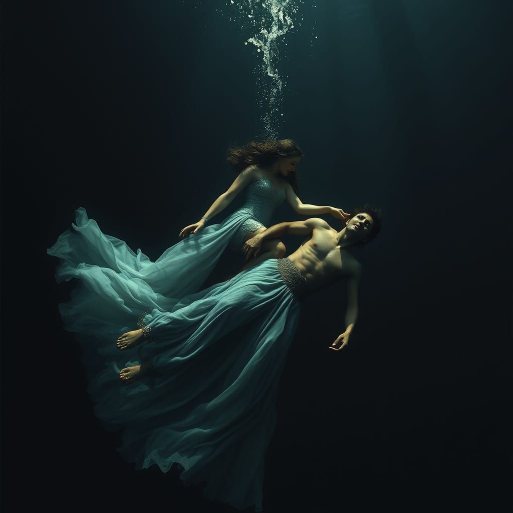 Mermaid Sinking Sailor in Dark Ocean Depths