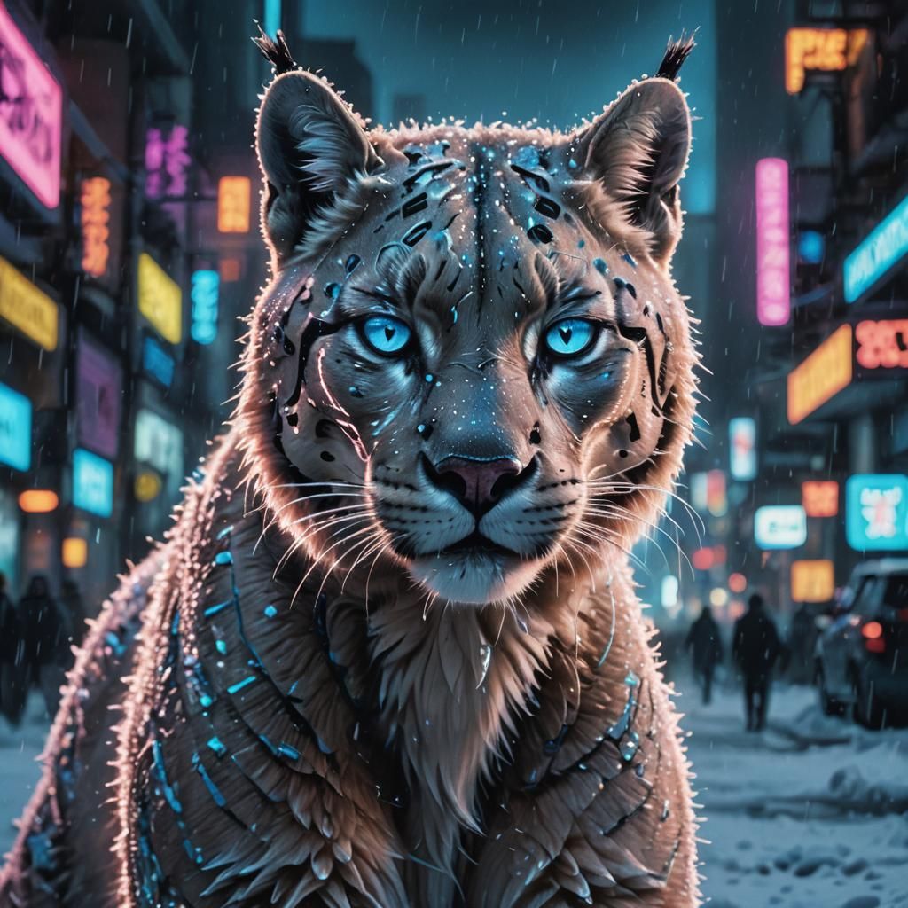 Snow Puma in Cyberpunk Neon Cityscape