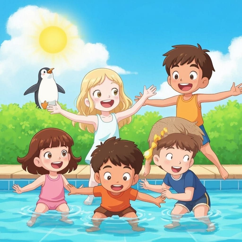 Diverse Group of Children Enjoying a Pool Day with Penguin
