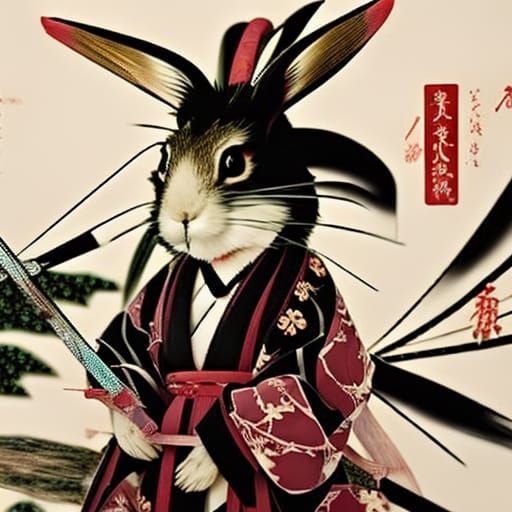 Strong Female Samurai Rabbit in Ukiyo-e Style
