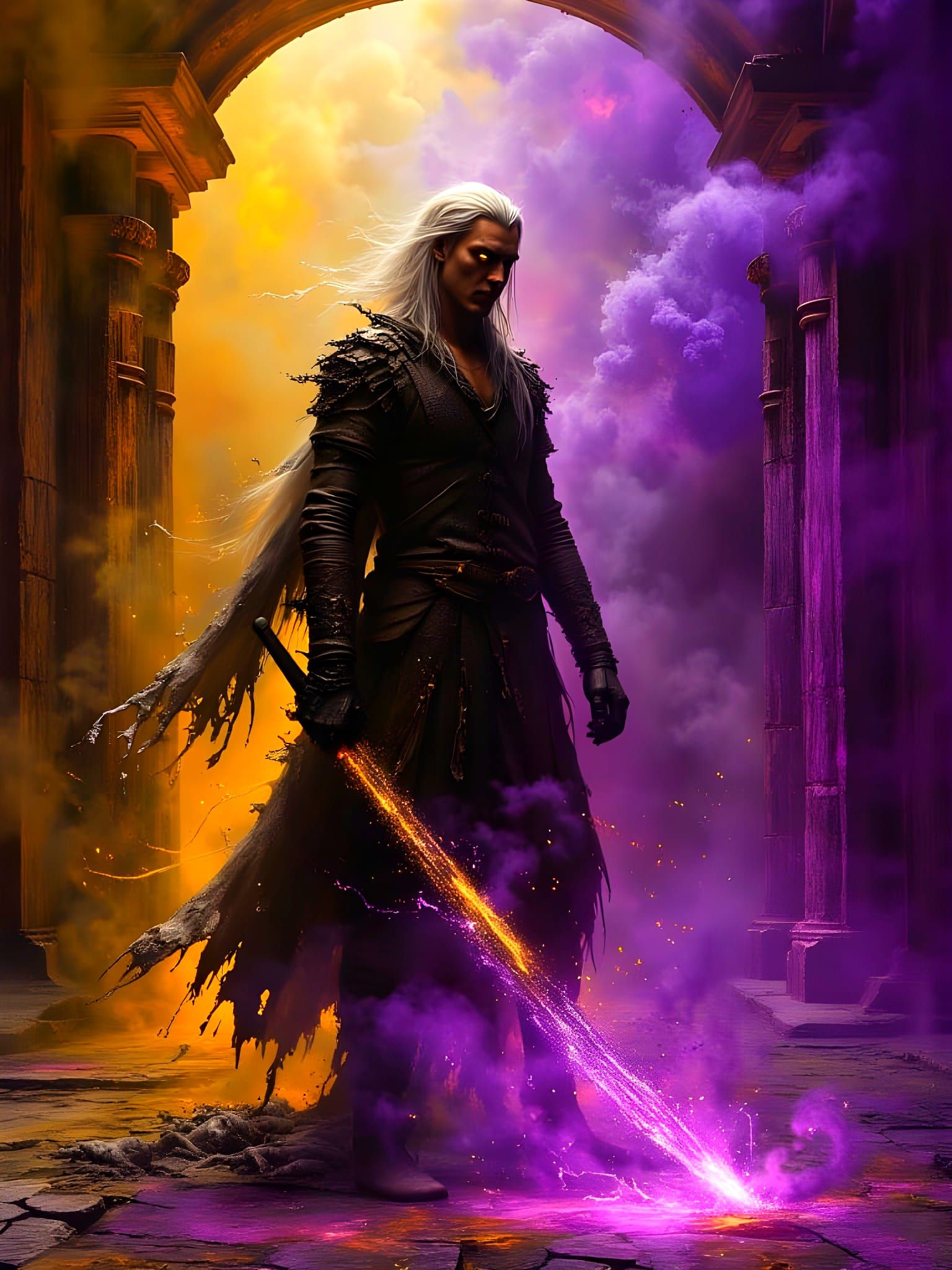 Dark Fantasy Warlock in Ancient Hallway - Concept Art