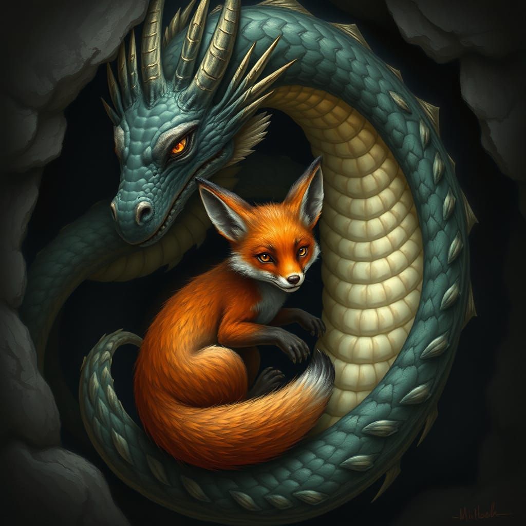 Dragon and Fox Friends in a Dark Cave