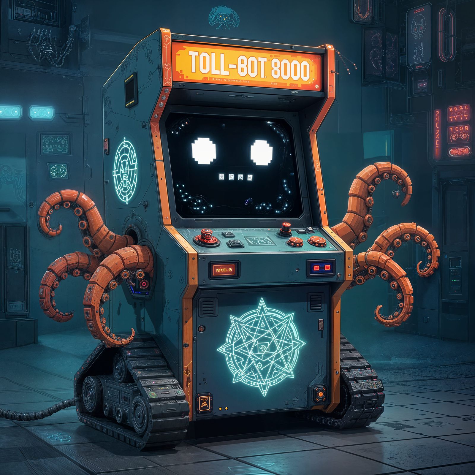 Retro-Futuristic Living Arcade Machine with Robotic Arms