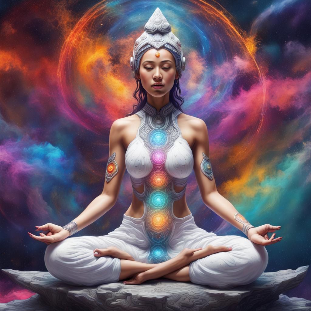 Colorful Chakra Goddess Meditating in Galaxy: Graffiti Art