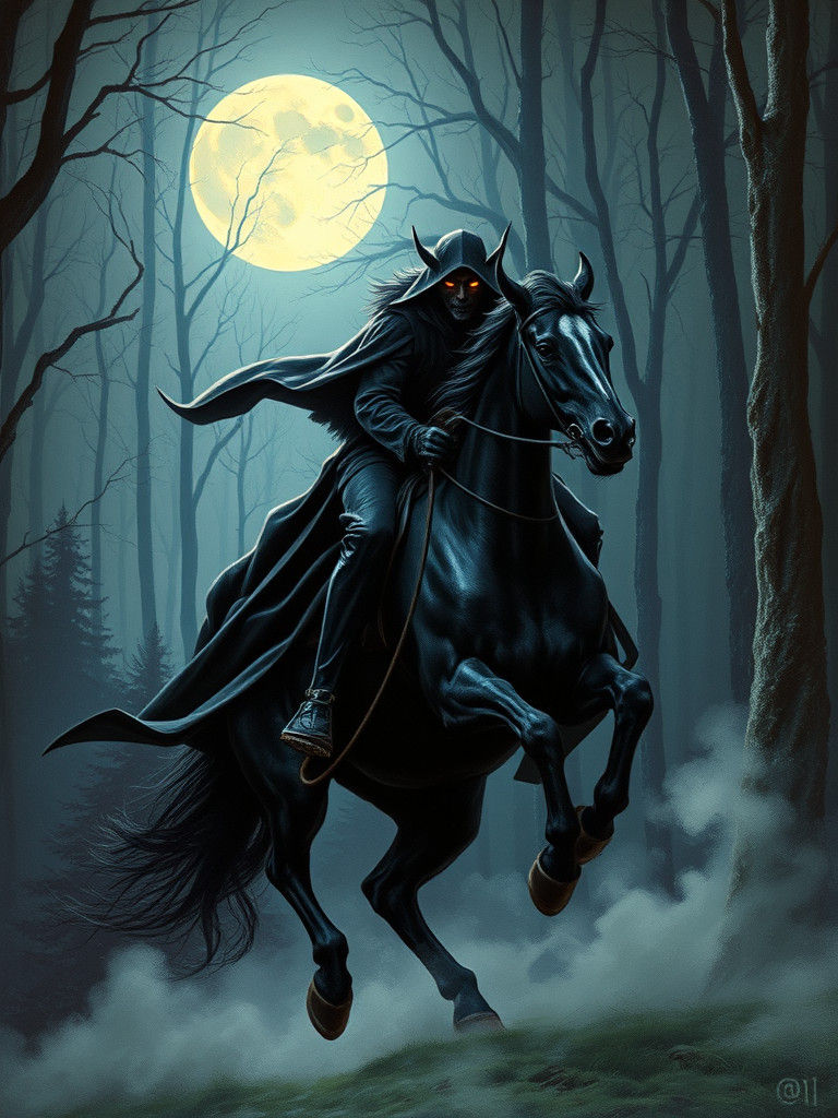 Erlkönig Rides Through Mystical Forest in Dark Surrealism