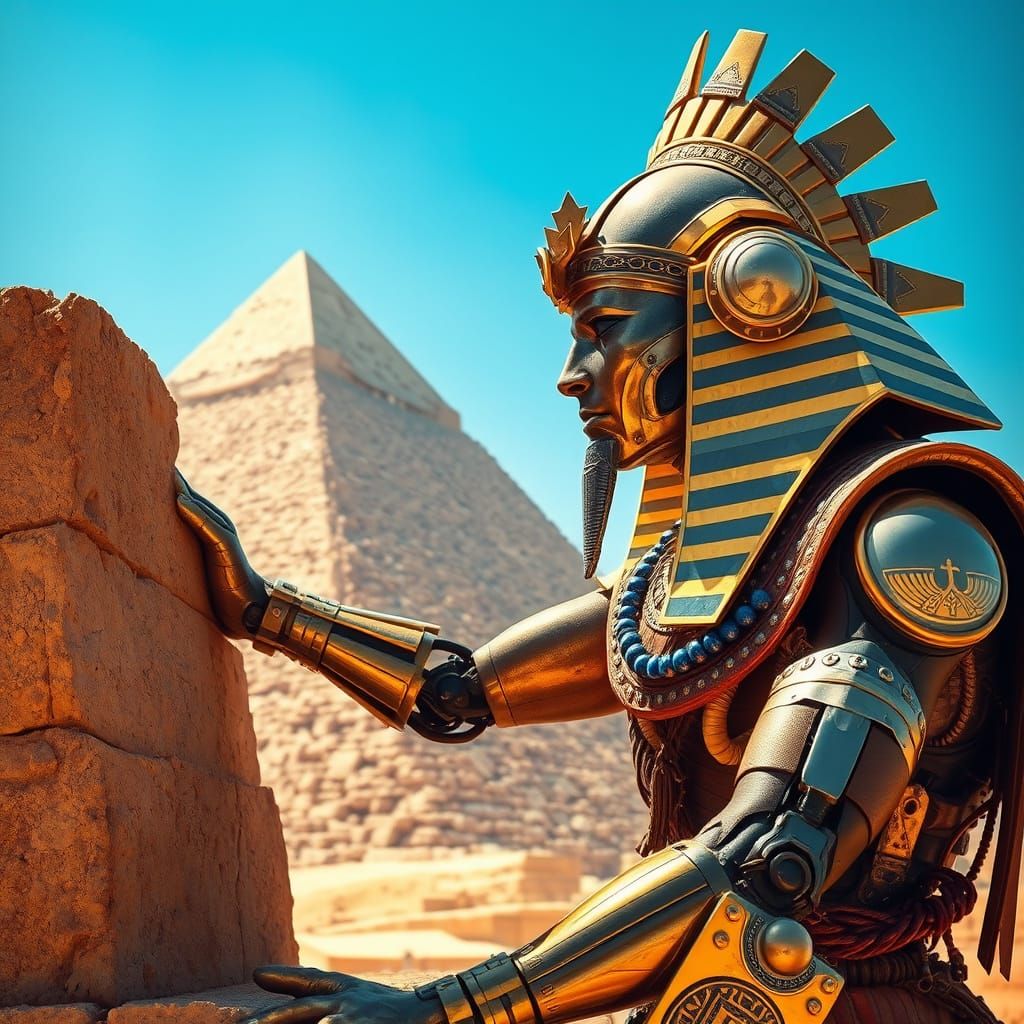 Cyborg Builder Constructs Ancient Pyramid in Futuristic Egyp...