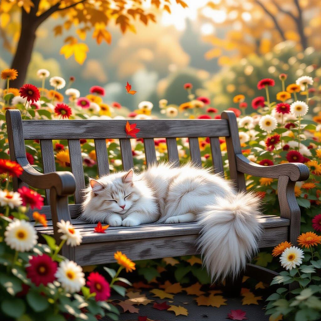 Serene Autumn Garden with Sleeping Cat