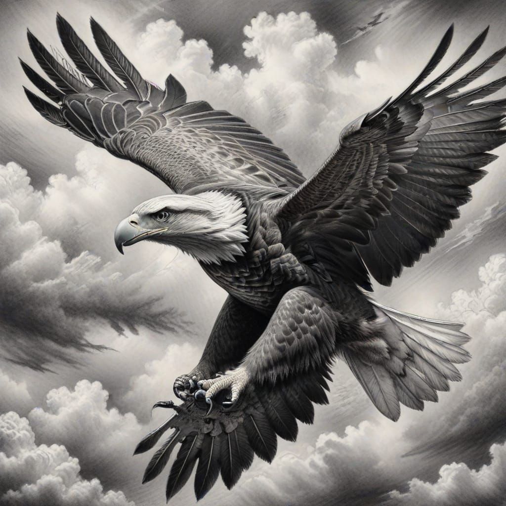 Eagle in Flight: Detailed Charcoal Pencil Sketch