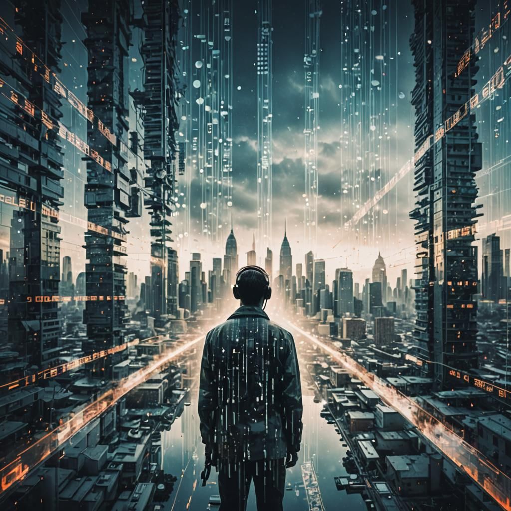 Binary Code Dream with Sci-Fi City Overlay