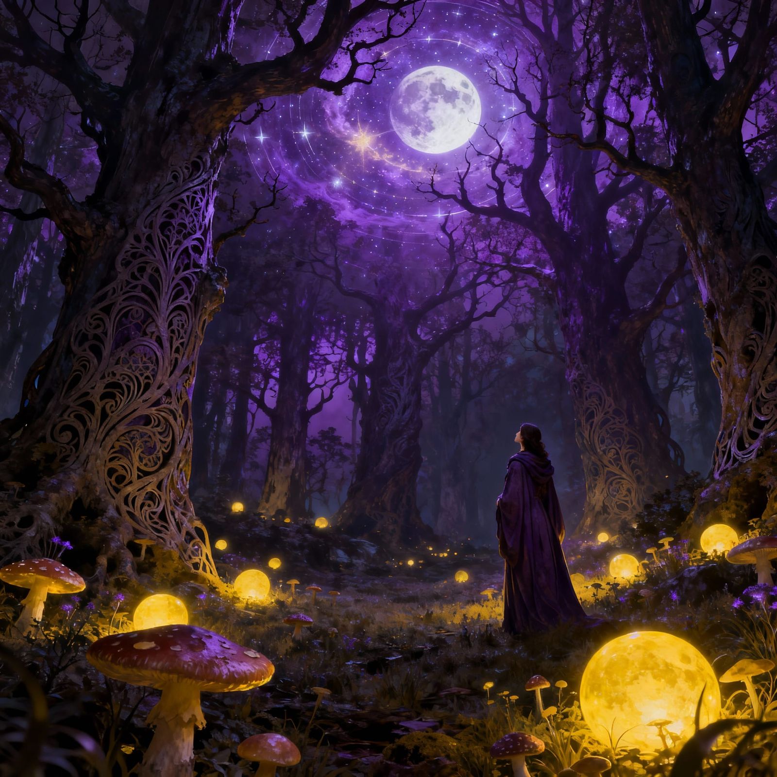 Enchanting Moonlit Forest Clearing with Celestial Phenomenon