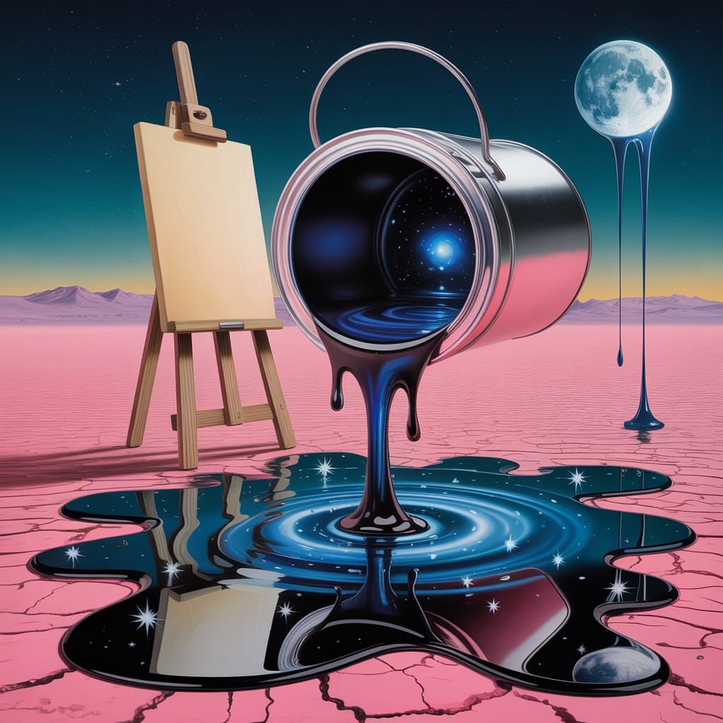 Surreal Desert Dreamscape with Starry Night Paint Spill
