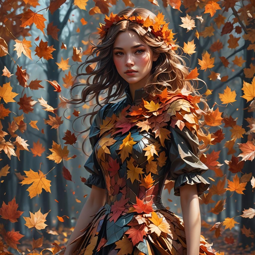 Autumn Leaf Dress Portrait in Art Nouveau Style