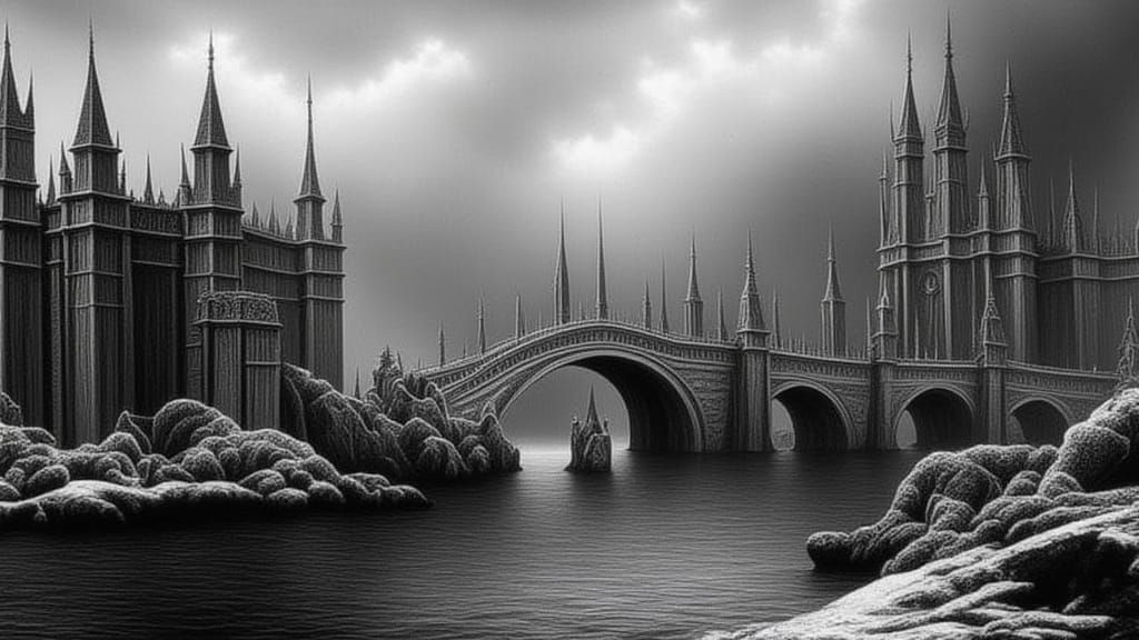 Surreal Fantasy Bridge in Monochromatic Dreamscape
