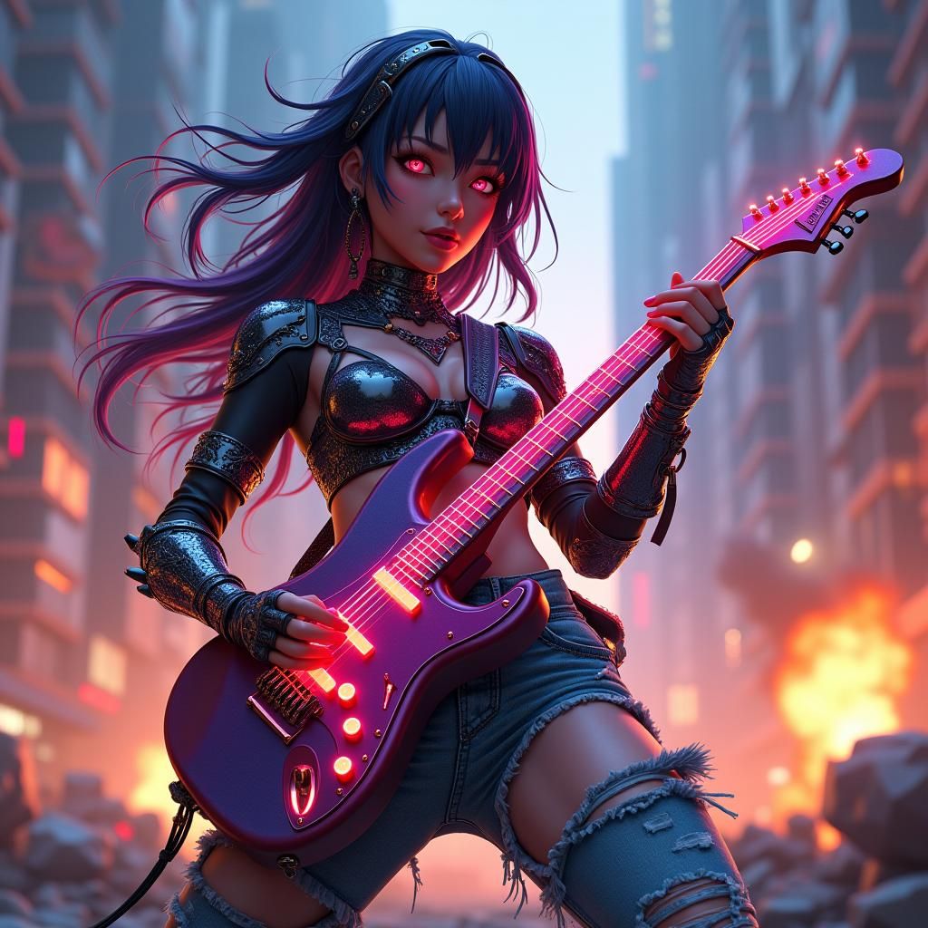 Anime Woman Guitarist in Dystopian Cityscape