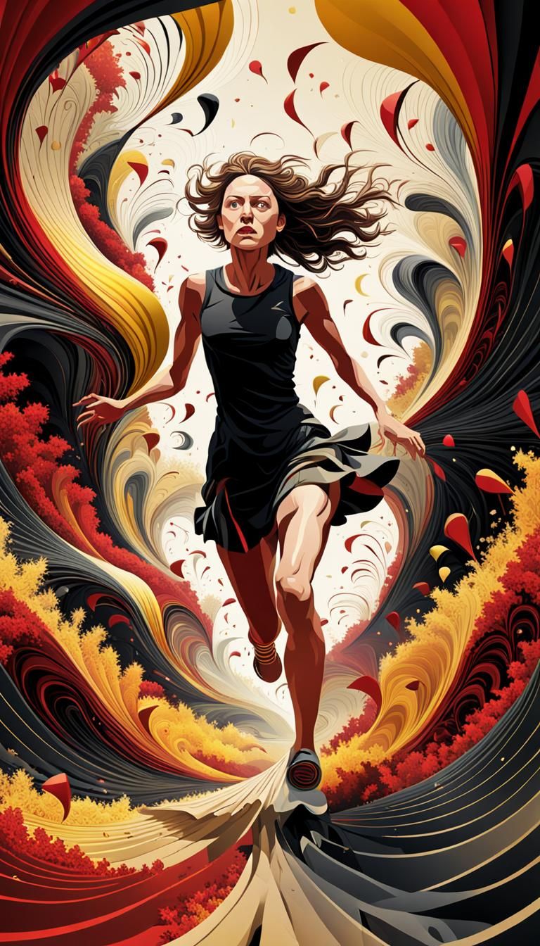 Woman Running from Falling Wands in Abstract Style