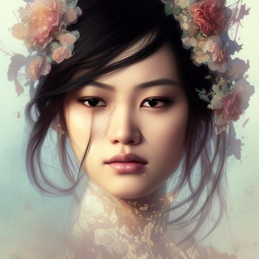 Beautiful Asian Woman in Bridal Veil, Detailed Portrait
