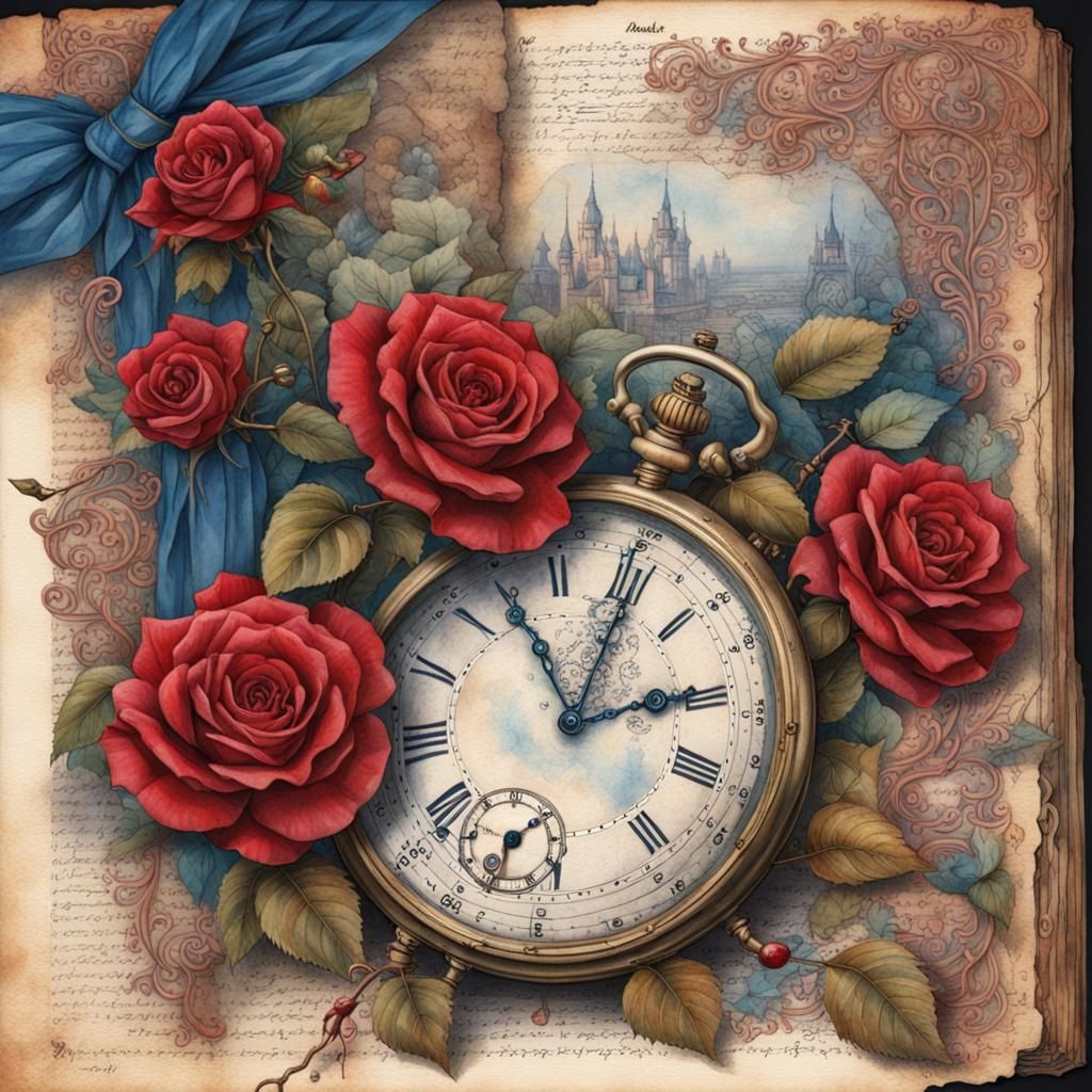 Red and Blue Roses on Music Paper, Watercolor