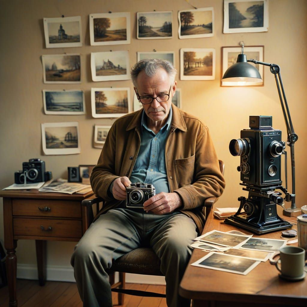 Nostalgic Watercolor: Man with Vintage Camera and Photos