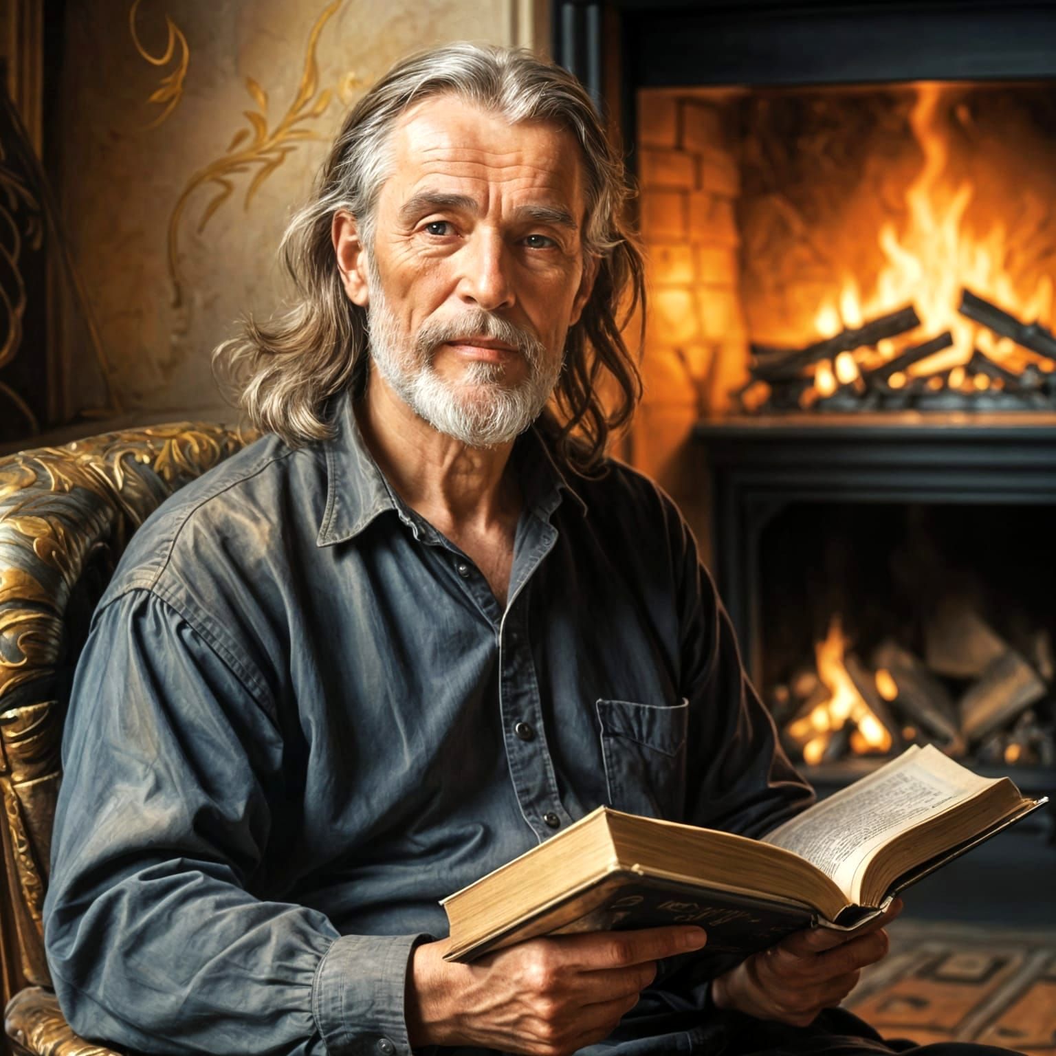 Handsome Man Reading by Fireplace in Art Nouveau Style