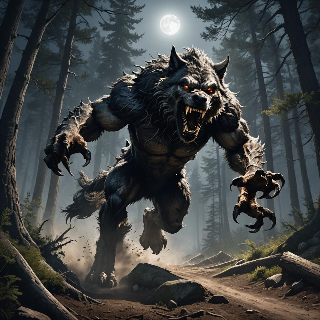 Hyper-Realistic Werewolf Running on Mountain Trail