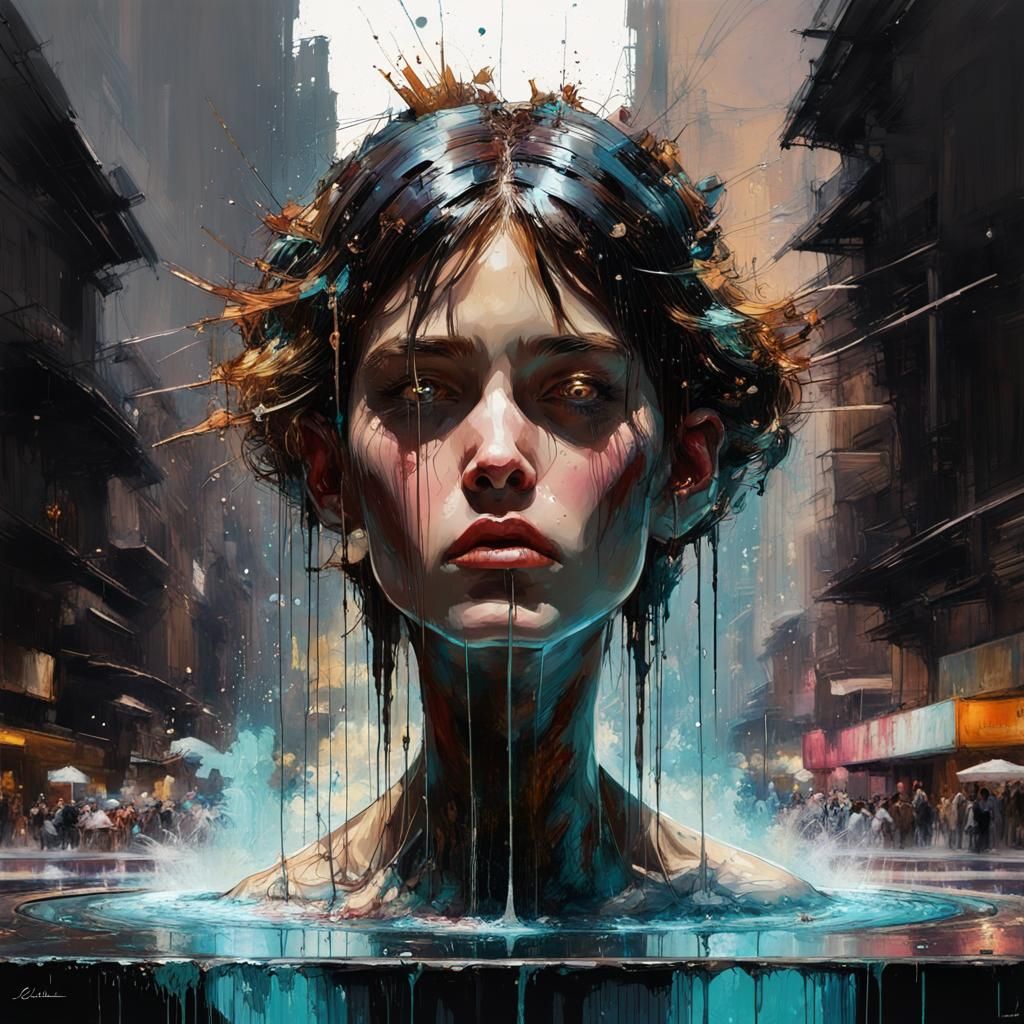 Retrofuturistic Fountain with Oil Splashes, Digital Art