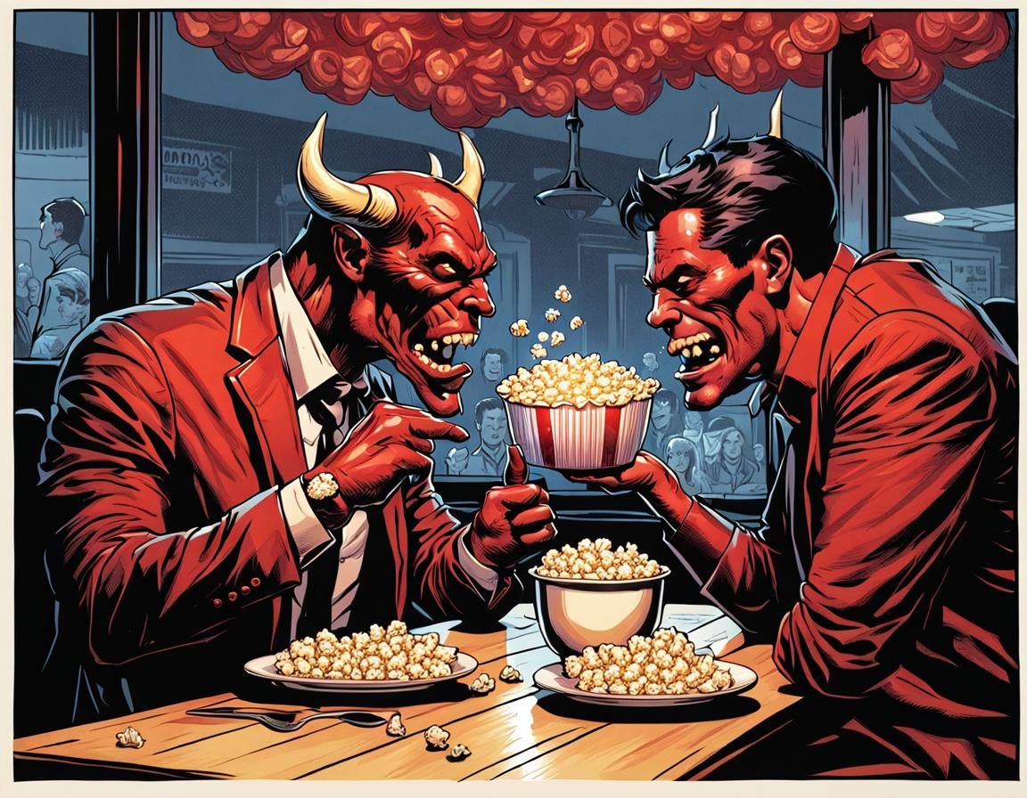 Devil Eating Popcorn: Comic Book Art Illustration