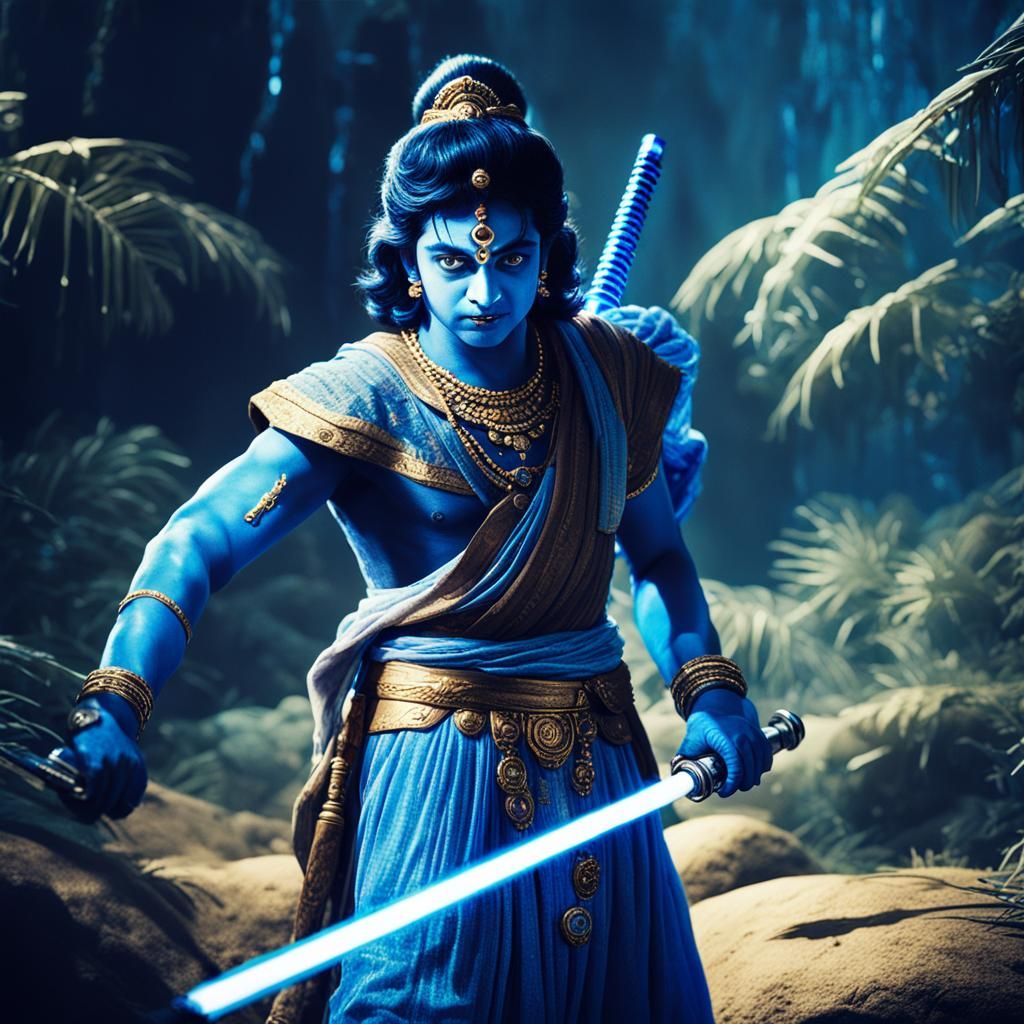 Krishna with Blue Lightsaber: Cinematic Film Still