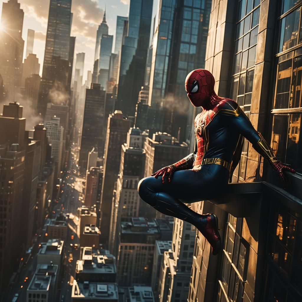 Spiderman on Skyscraper Edge in Cinematic Style