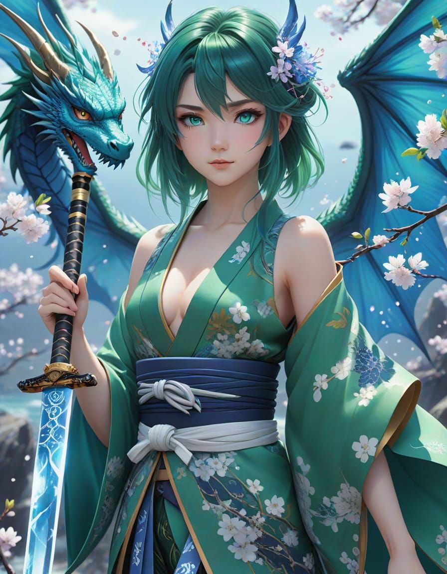 Anime Goddess with Dragon Wings and Majestic Kimono