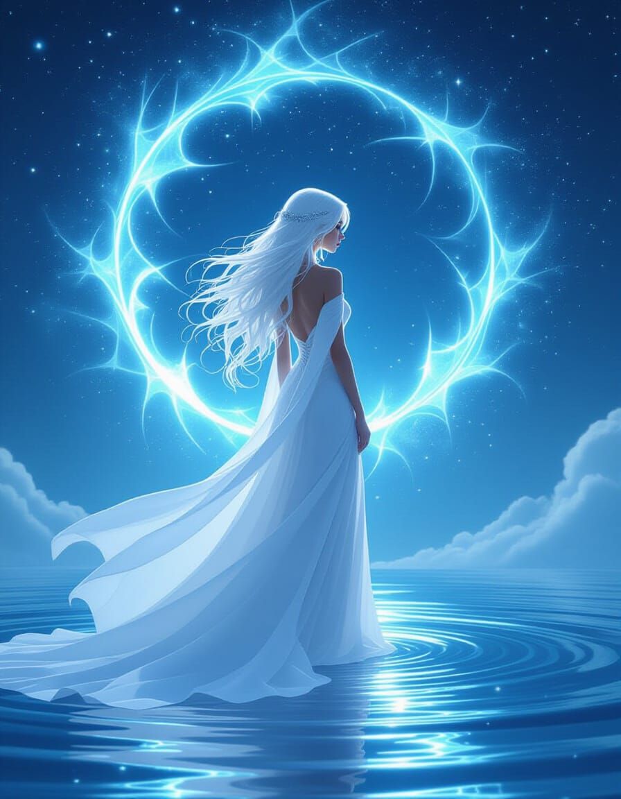 Ethereal Woman at Shimmering Celestial Portal