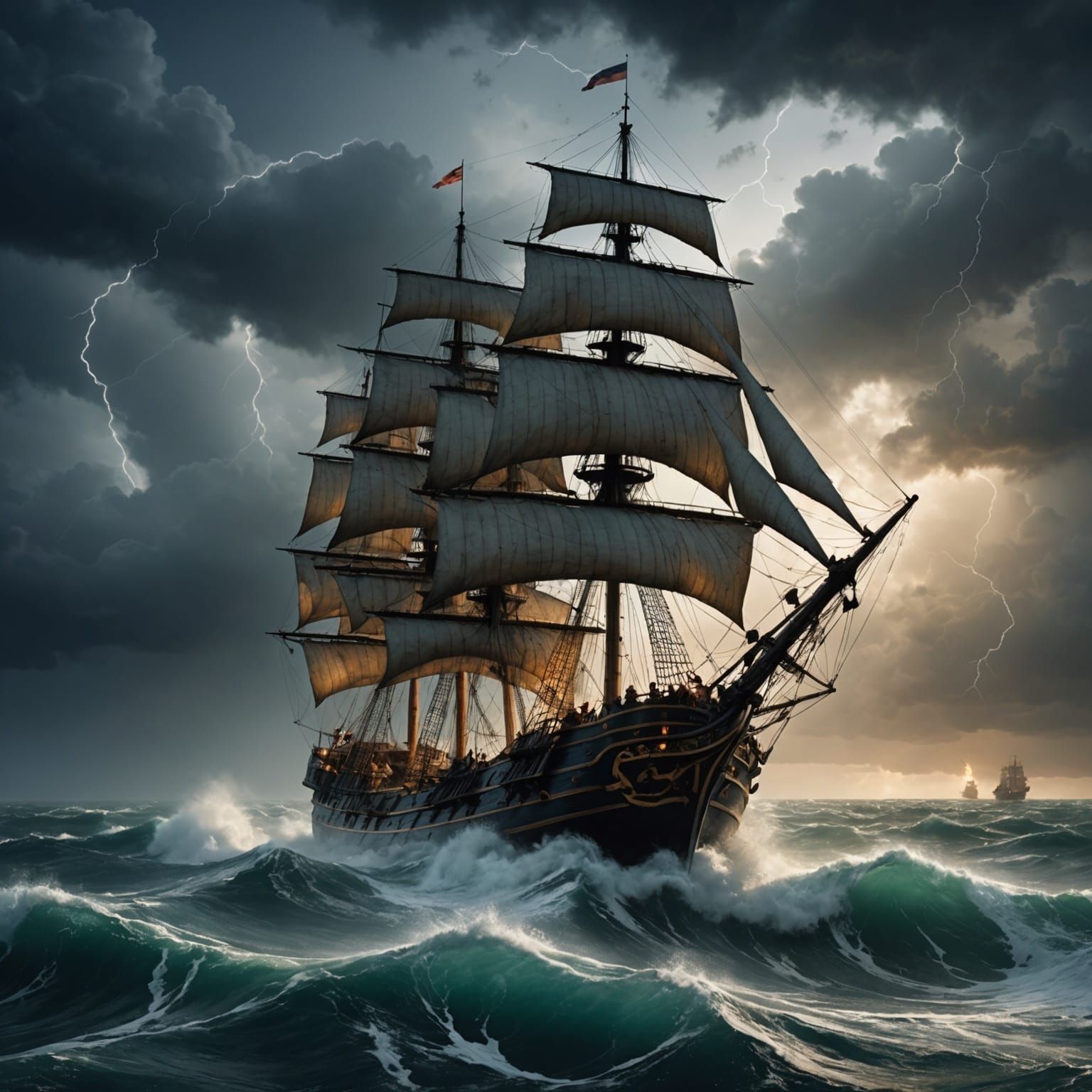 Flying Dutchman in Storm: Baroque Style Digital Painting