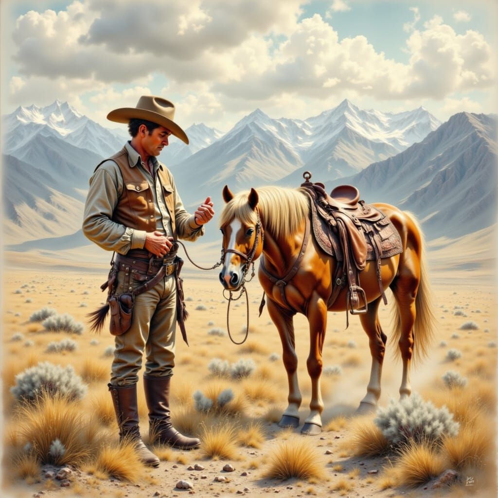 Cowboy Searching for Arrowheads in Montana Landscape