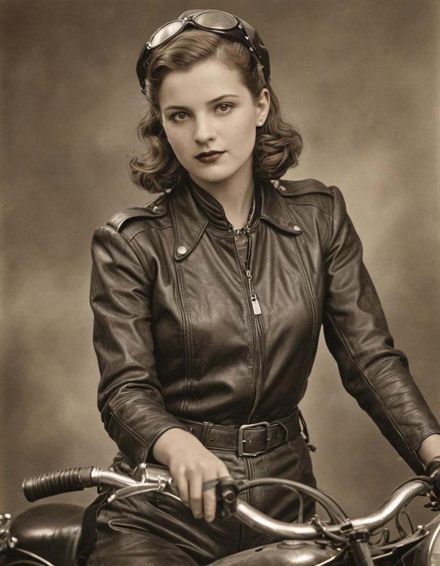 Portrait of a brown-haired woman in 1930s biker outfit