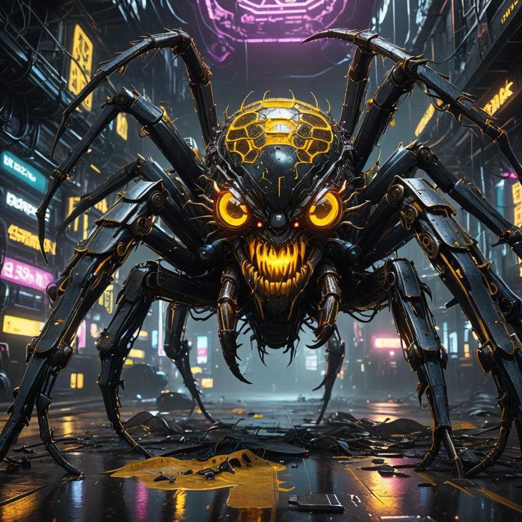 Cyberpunk Spider with Metallic Details in Sci-Fi Scene