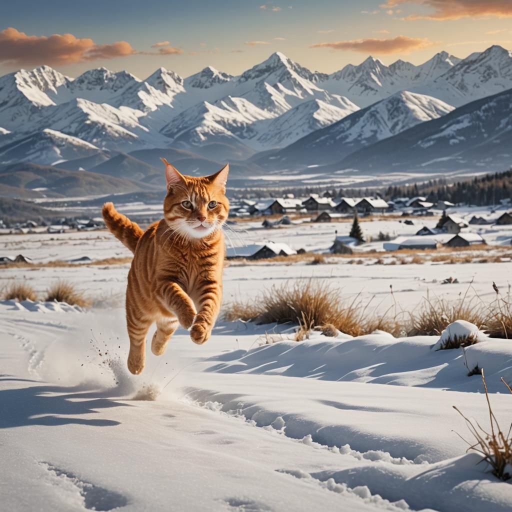Orange Cat Running in Snowy Field