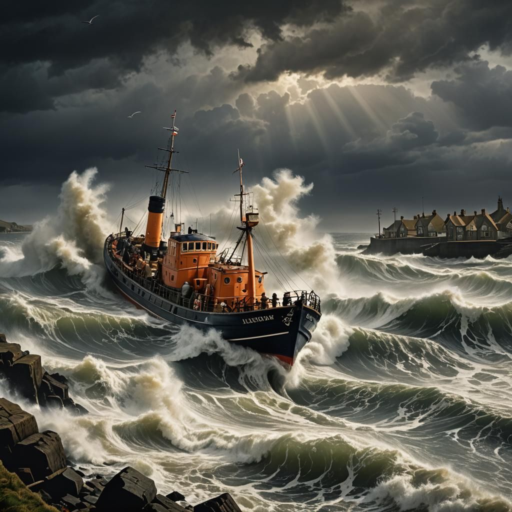 Dramatic Lifeboat Launch into Stormy Sea: 1940s Digital Pain...