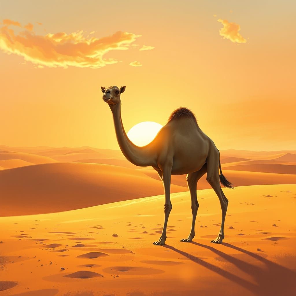 Semi-Realistic Camel Amidst Desert Sunrise